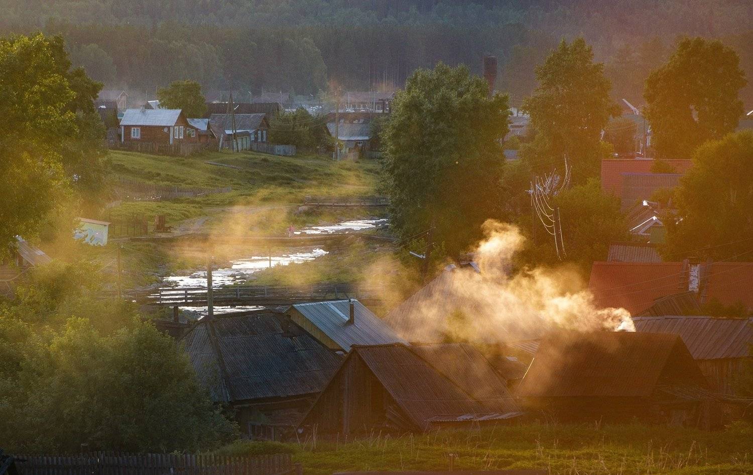 пейзаж деревня дым закат свет цвет, Даниил Силантьев