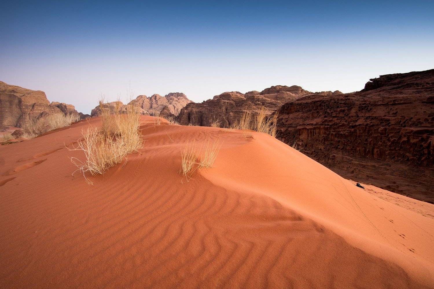 red, sand, dune, wadi rum, desert, jordan, clear sky, blue, rocks, Błażej Krzyżanek