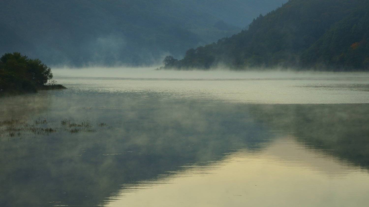 south korea, jeollabukdo, autumn, mroning, lake, fog, fantastic, beautiful, mood, mountain,, Shin