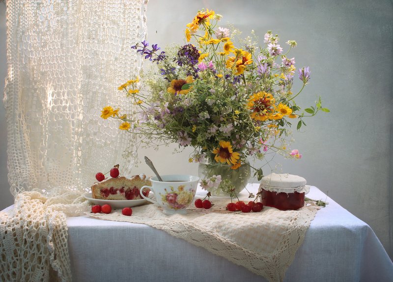натюрморт, лето, вишня, выпечка, варенье, цветы, штора Летний перекус - 2 фото превью
