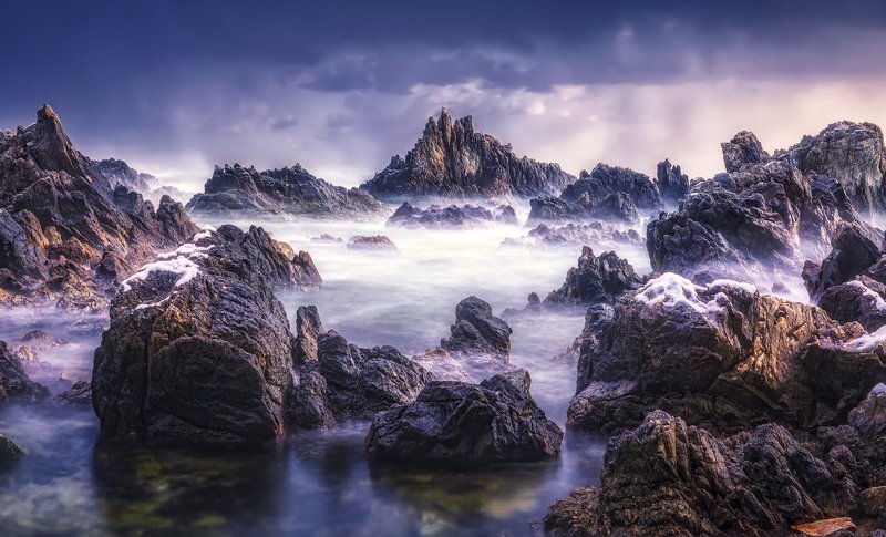 Rock, Sea, Seashore, Wave, Long_Exposure, Sky, Landscape, Snow, Winter, Outdoors, No_people The rock фото превью