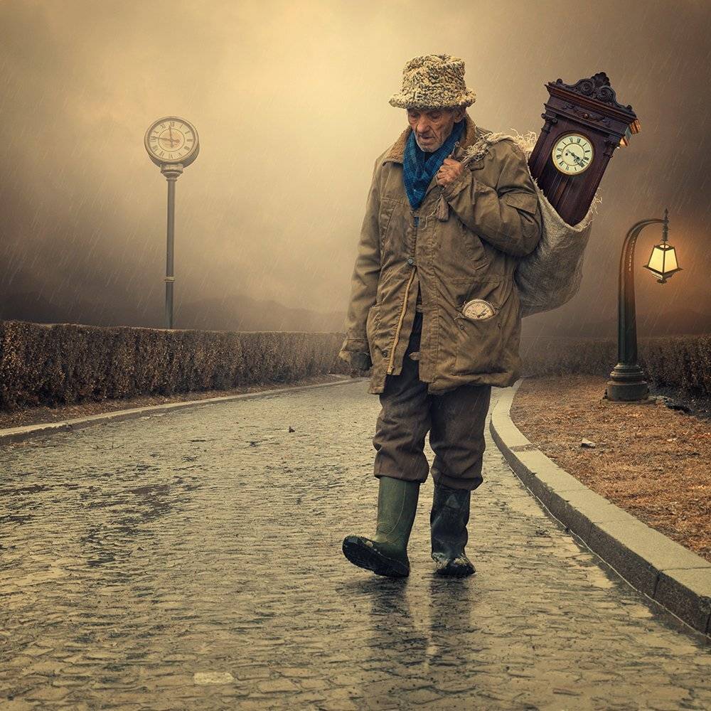 cold, light, rain, bush, man, pole, stone, walking, ground, photoshop, clock, bag, pocket, relection, tutorials, manipulkation, Caras Ionut