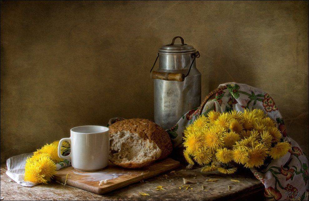 натюрморт, лето, одуванчики, молоко, хлеб, still, life, summer, dandelions, milk, bread, El. G.