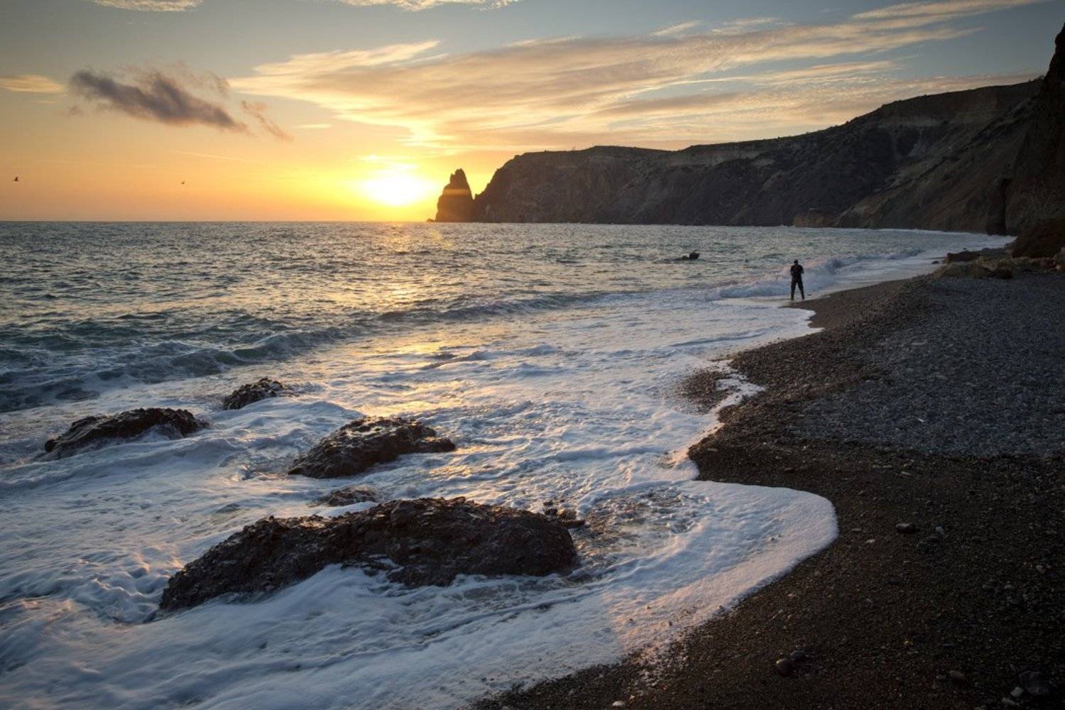 море, волны, мыс фиолент, крым, камни, берег, скалы, солнце, закат, небо, облака, пейзаж,, Сергей Шульга