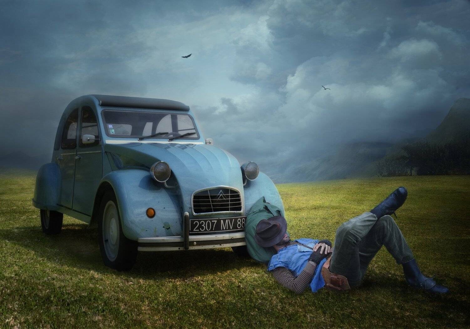 облака, поле, машина, мужчина, Sergii Vidov