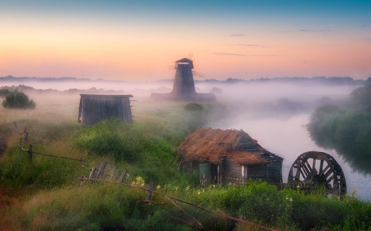 утро, мельница, река, туман, рассвет, деревня, Cтанислав Малых