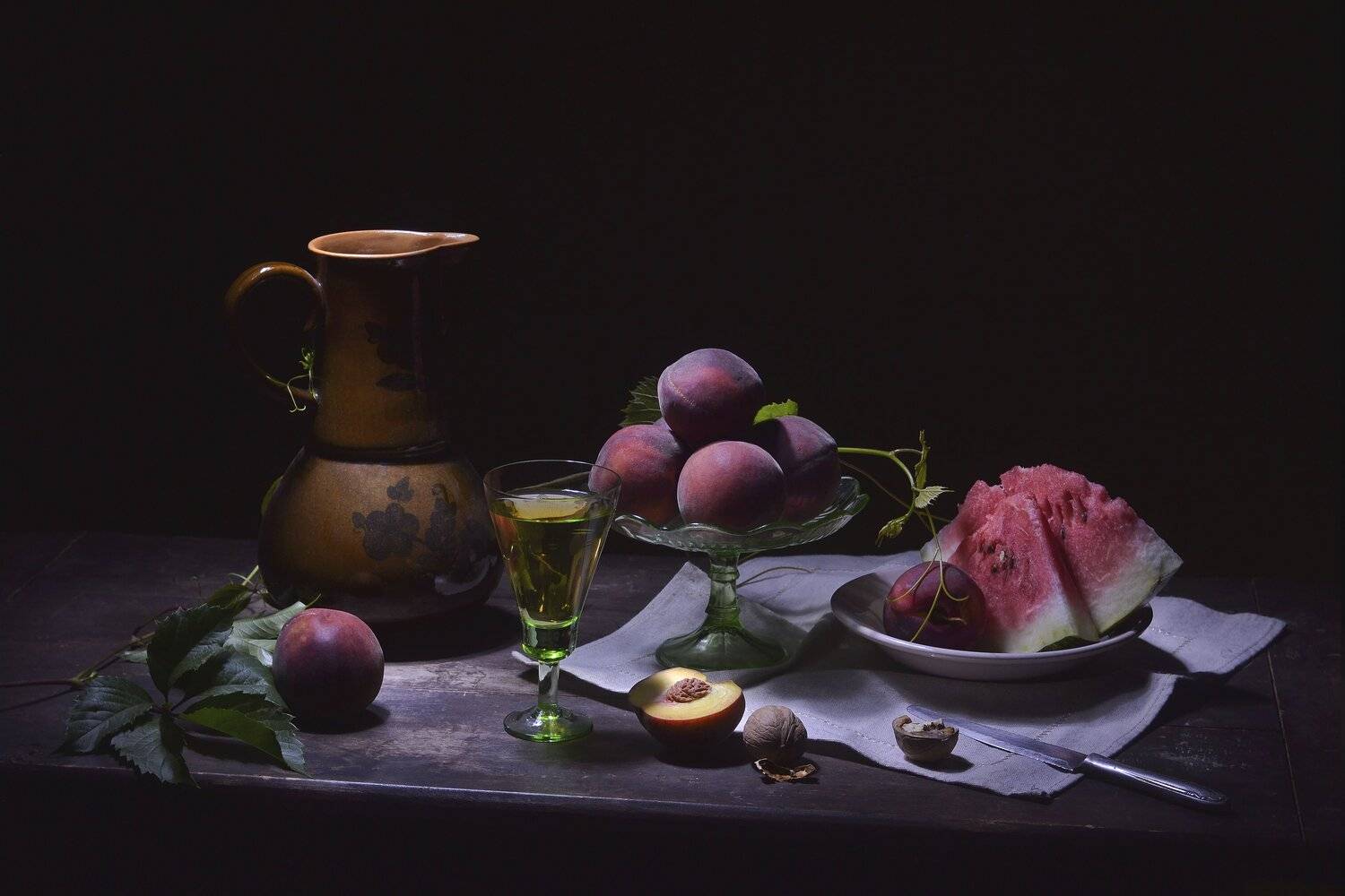 Арбуз, персики, кувшин, натюрморт, лето, июль., Оксана Евкодимова