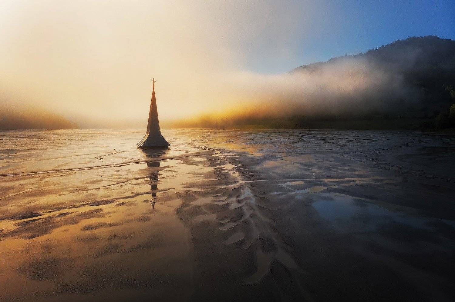 trees, fog, sunrise, landscape, travel, nature, mountain, romania, lake, church, misty, dramatic, Lazar Ioan Ovidiu