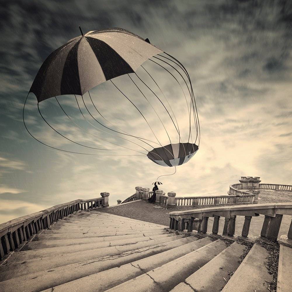 woman, umbrella, surrealistic, manipulation, tutorials, psd, sky, clouds, stairs, Caras Ionut