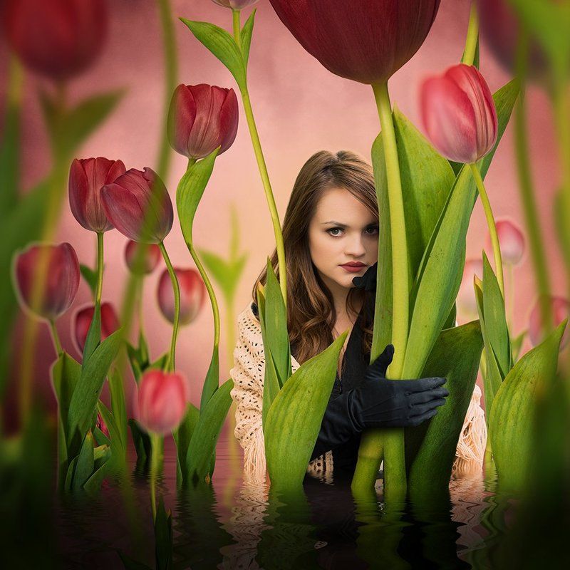 red, tulip, girl, andreea, water, reflection, tutorial, psd, manipulation, gree, leaf, beauty, fashion The intense red lipstick фото превью