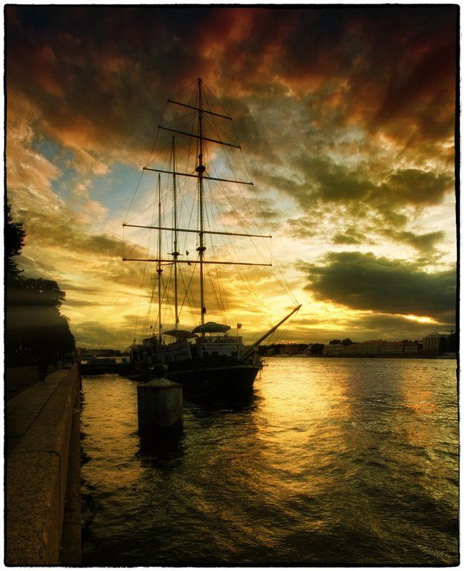 питер, санкт-петербург, нева, закат, парусник, набережная Питер фото превью