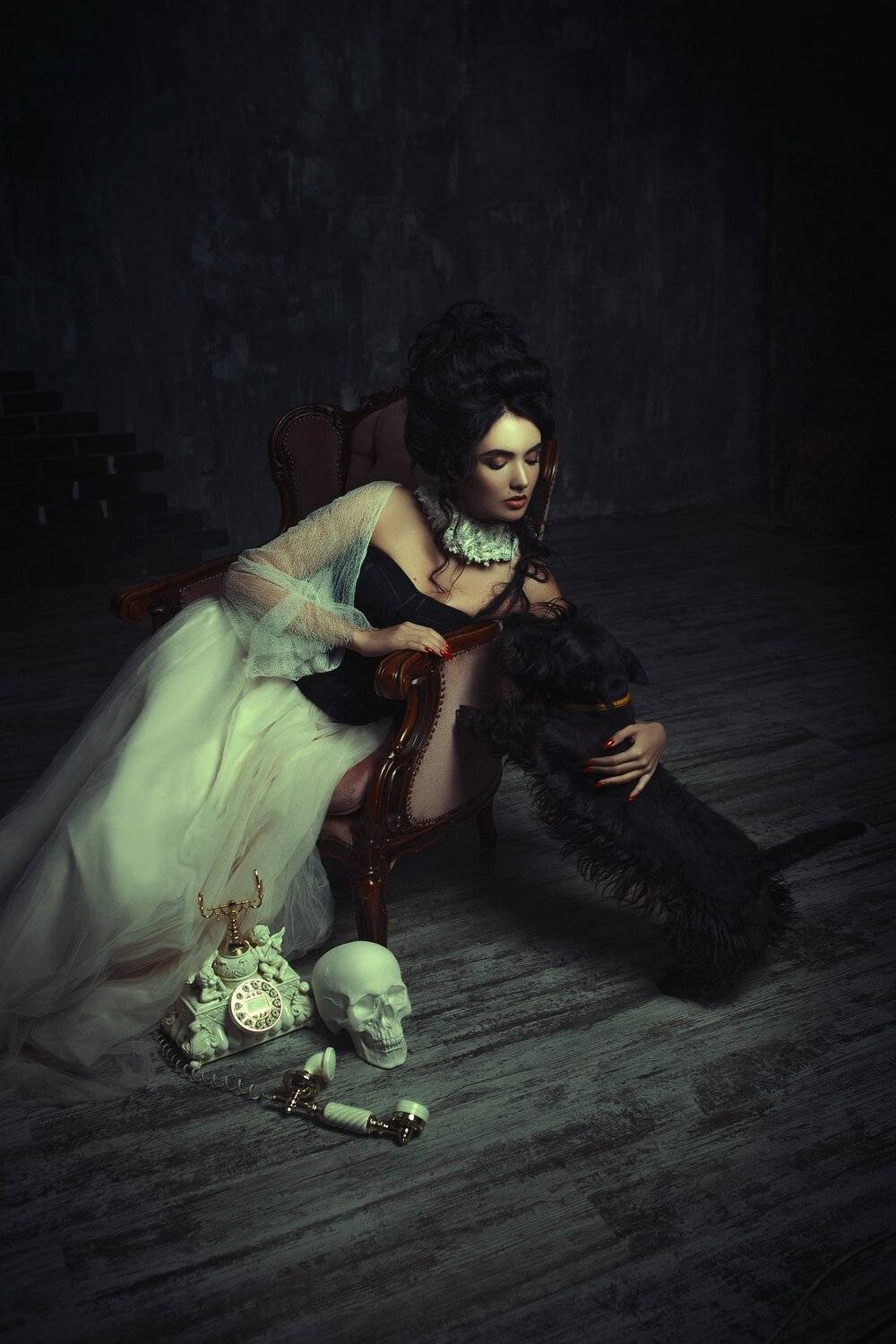 hamlet, skull, lady, fashion, dark, goth, retro, portrait, renaissance, woman, phone,, Катерина Клио