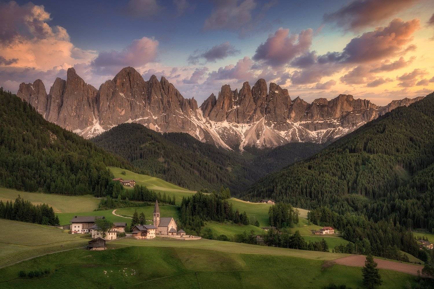 Chiesa di Santa Maddalena, church, Church ST. Maddalena, Clouds, Dolomites, Evening, farmhous, fir, fir-trees, Forest, Funes, houses, Italy, Madow, Mountain Range, mountains, Mountaintop, Pine, Pine trees, pinewood, Rocks, Santa Maddalena, shed, Sheep, Sn, Ludwig Riml