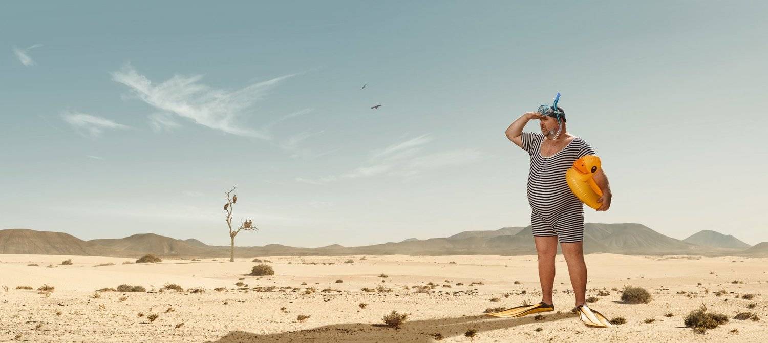 humor,funny,fat,man,swim,desert,dry,heat,looking,searching,beach,snorkeling, Przemyslaw Koch