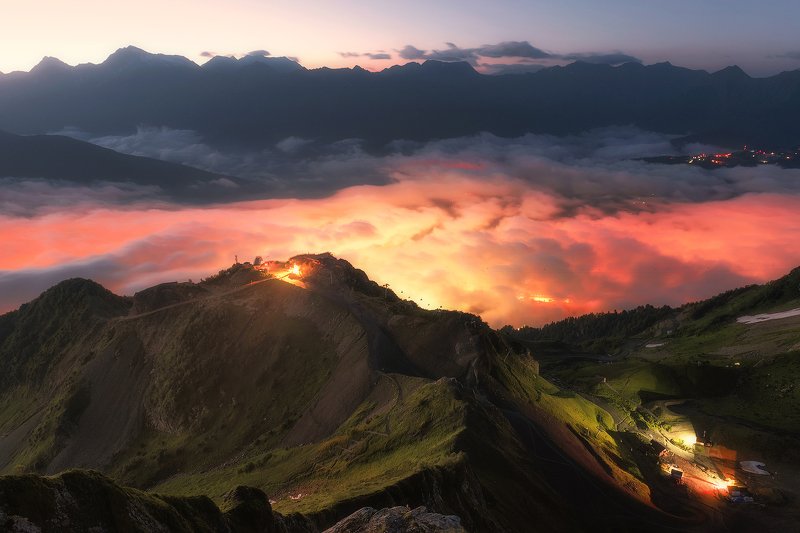 ночь, горы, облака, пейзаж, кавказ, красная поляна В заоблачном мире, в другом измерении фото превью