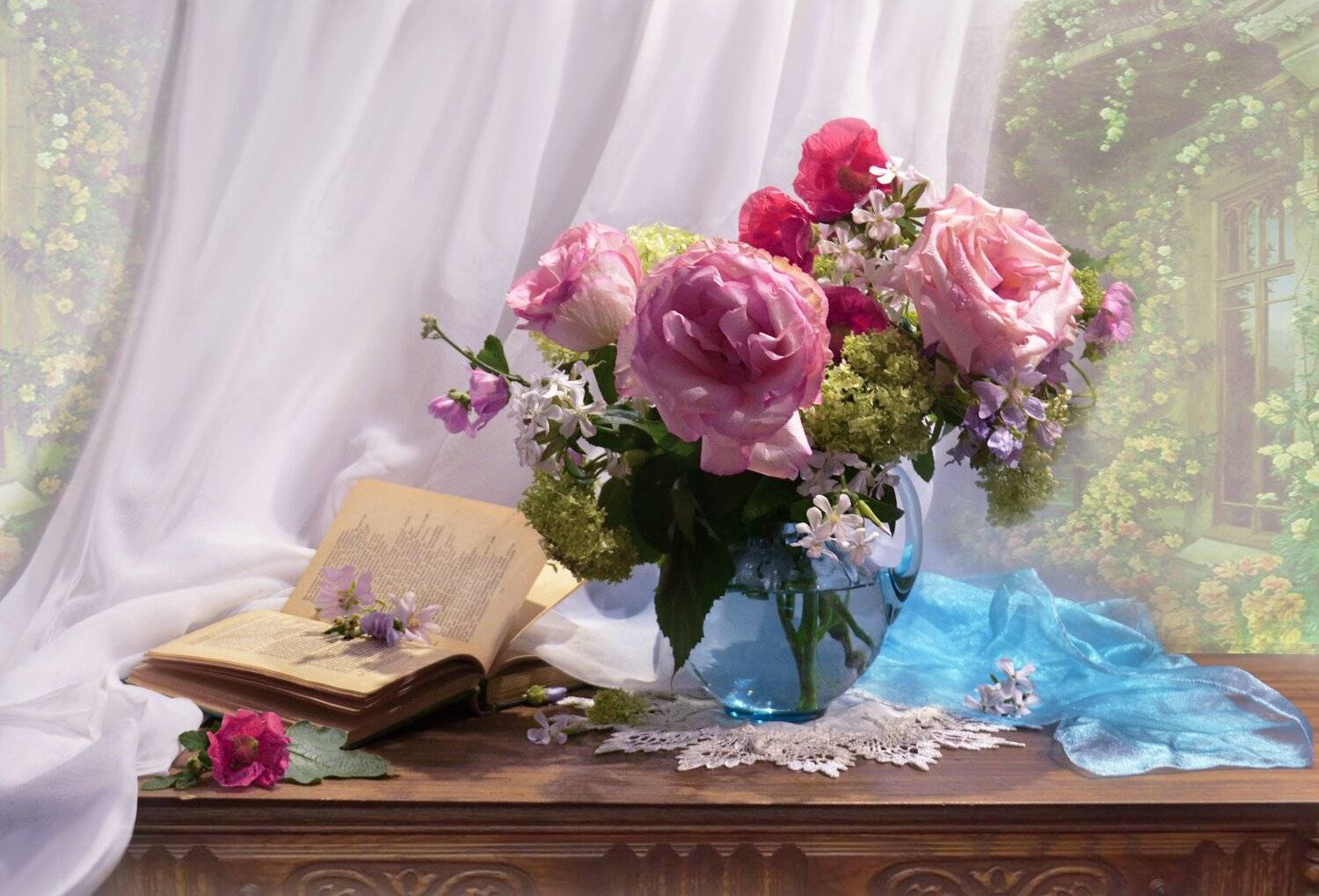 still life,цветы, фото натюрморт, розы, натюрморт, настроение, мальва, лето, книга,  гортензия, июль, Колова Валентина