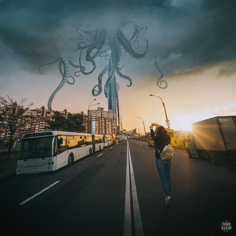 коллаж, город, монтаж, фотоманипуляция, обработка, небоскреб, щупальца, чудовище, закат, монстр, улица, архитектура, облака, гроза Ктулху-Центр фото превью