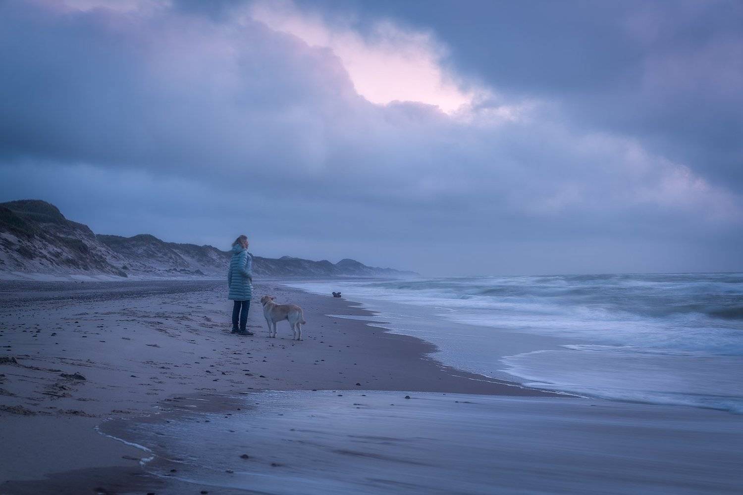 Beach, Blue, Blue Hour, Clouds, Denmark Sea, Dog, Dune, endless, Evening, Evening Mood, Horizon, Labrador, mist, Moody, NordJylland, North Sea, Ocean, outdoors, Sand, Sand dunes, Sea, seafront, Seashore, Shore, Skagen, Tidal waves, Tide, Walk, Walking, Wa, Ludwig Riml