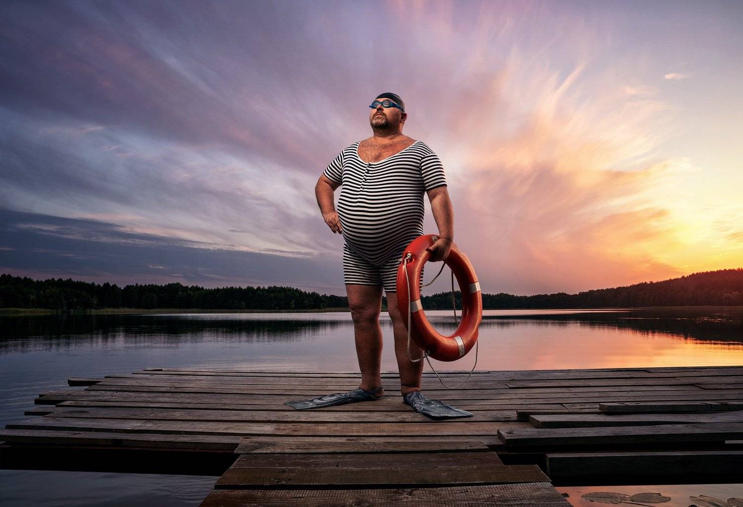 humor,funny,fat,man,portrait,swim,swimmer,lake,sunset, Przemyslaw Koch
