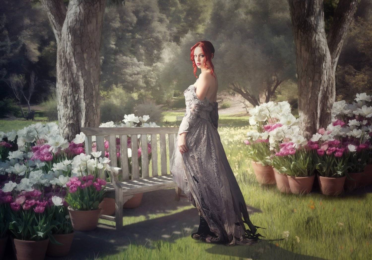 девушка, скамейка, цветы, Sergii Vidov