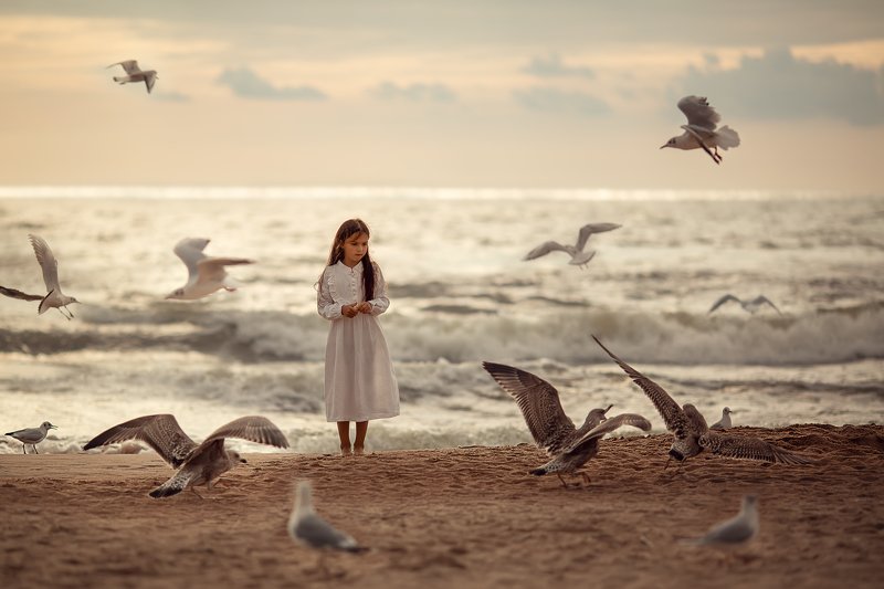 море, девочка, Паланга, чайки, волны, пляж, песок, вечер, закат У моря фото превью