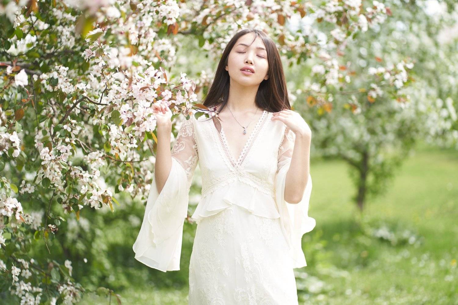 яблоня, весна, цветок, губы, розовый, глаза, Япония, сакура, девушка, Дарья Комарова