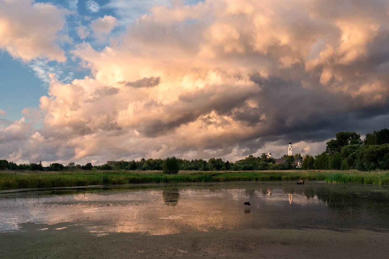 лето,вечер,закат,небо,облака,тучи,река,отражение,храм,киржач, Виталий Полуэктов