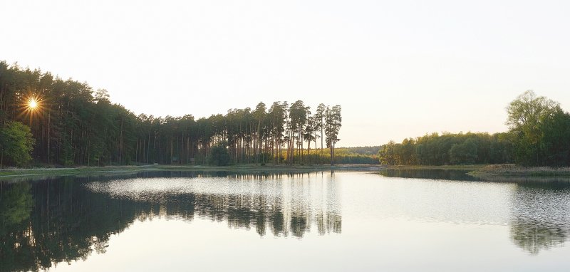 озеро, закат, лесное озеро, лес, сосны, солнце  фото превью