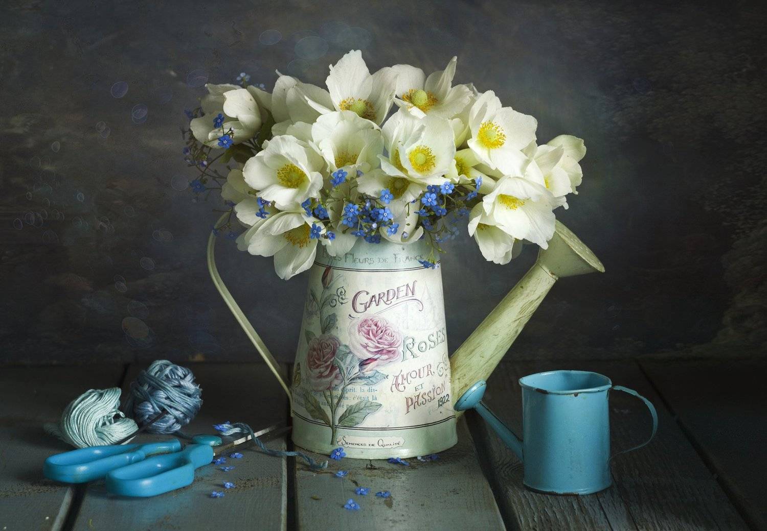букет цветов, анемоны. поливальник, ножницы. клубок, Лионелла Зимина