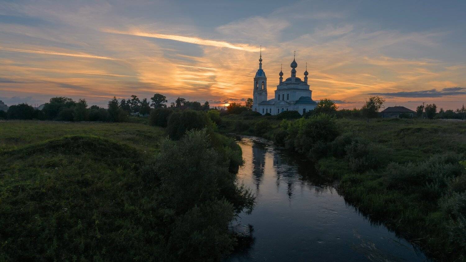 река, устье, берега, церковь, облака, закат, храм, савинское, Игорь Приданников