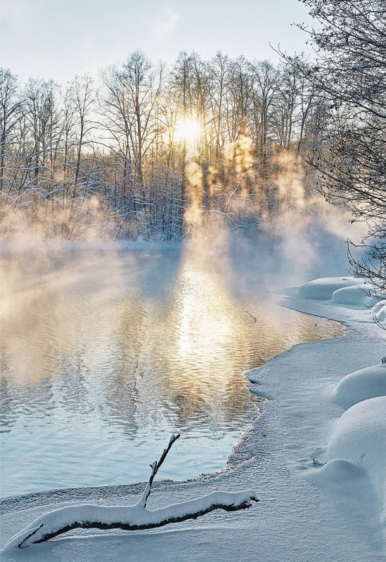 зимнее озеро, голубое озеро, зимний пейзаж, зима, закат, ранний закат зимой, солнечный свет, туман над рекой  фото превью