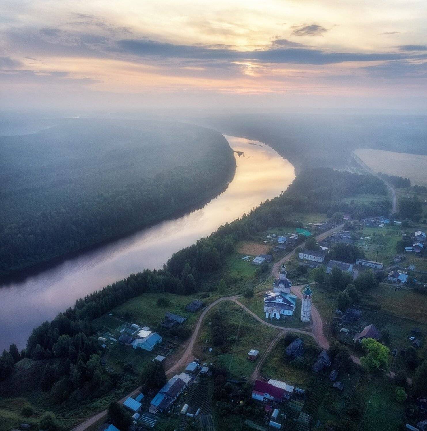 dji, aerial, flight, river, река, вода, лето, утро, храм, туман, пейзаж, Устюжанин Михаил