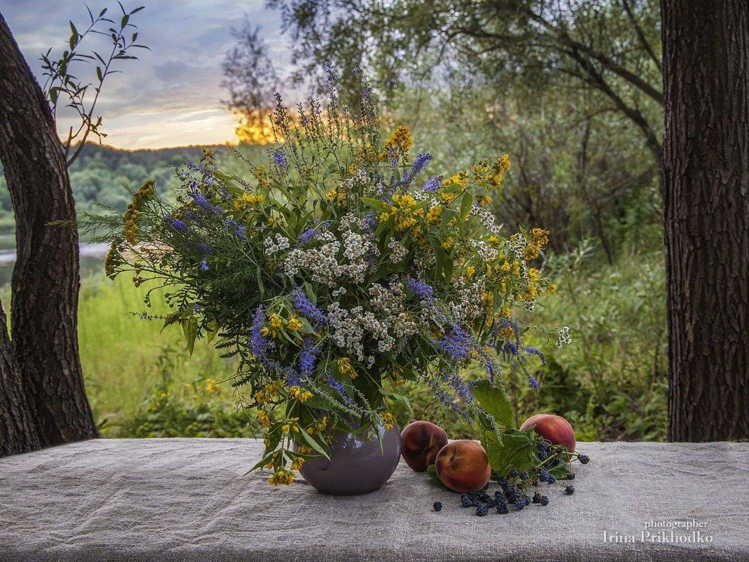 натюрморт, пленэр, природа, река, пейзаж, лето, букет, полевые цветы, фрукты, Ирина Приходько