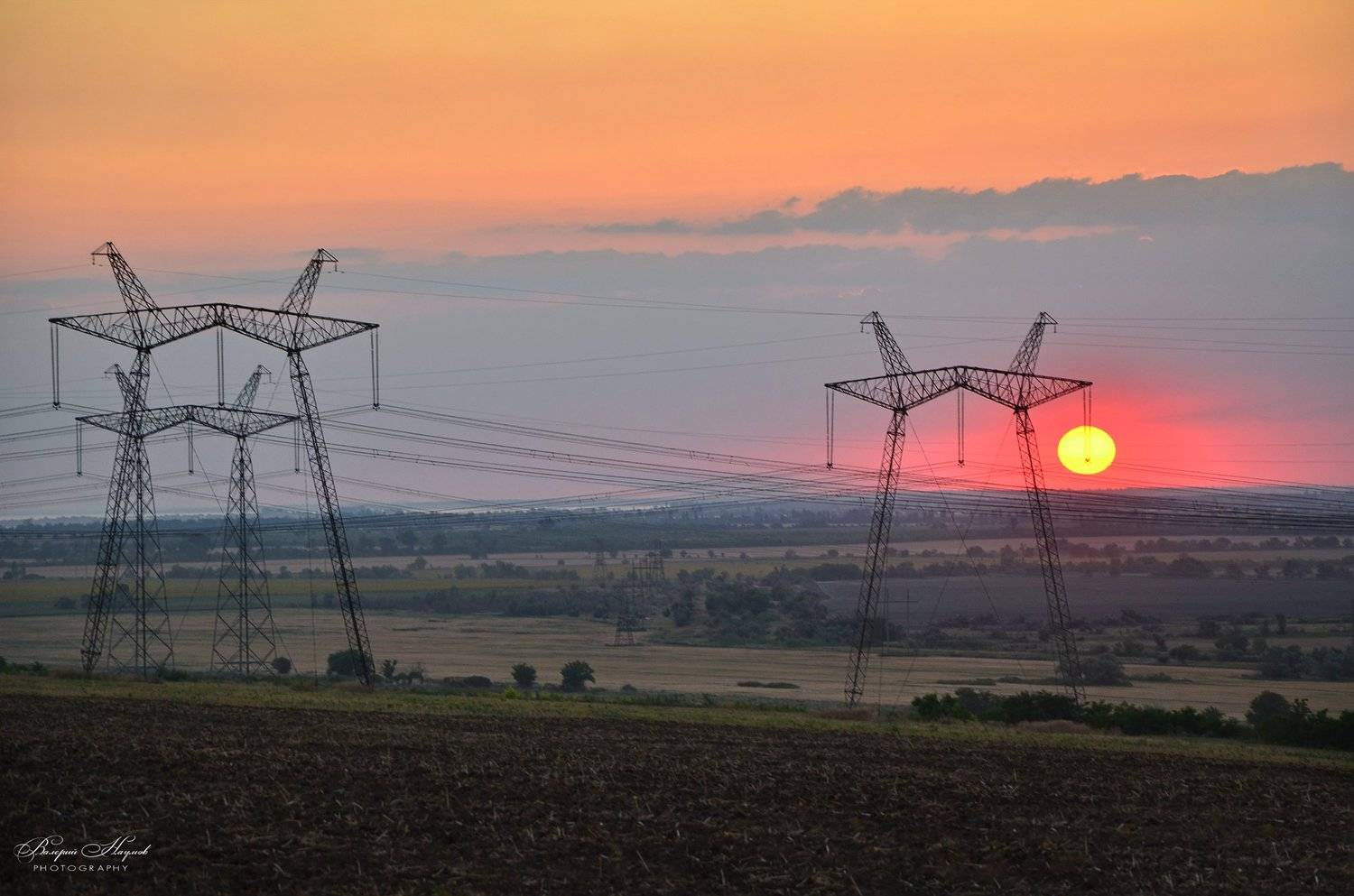 вечер, закат, солнце, лэп, Валерий Наумов