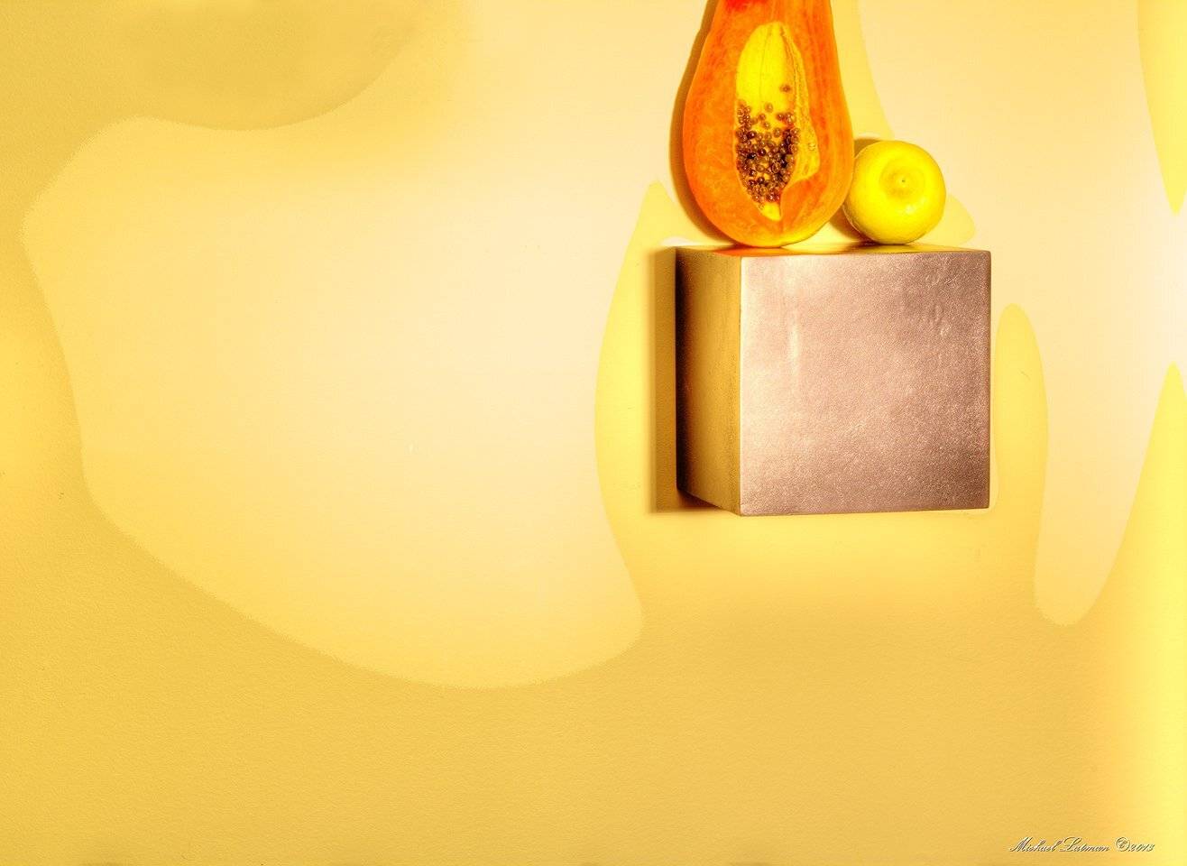 papaya,limon,cube,yellow,fine art, Michael Latman