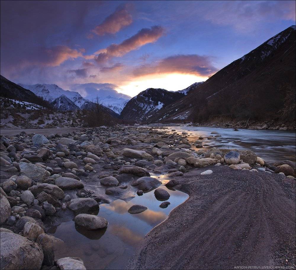 кавказ,горы,закат,река,отражение,зима, Антон Петрусь