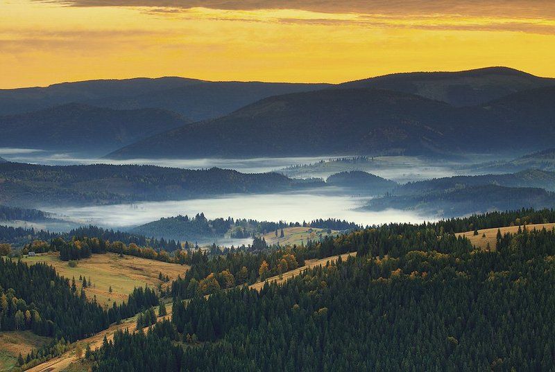 карпаты, горы, утро, туман, осень начало... фото превью