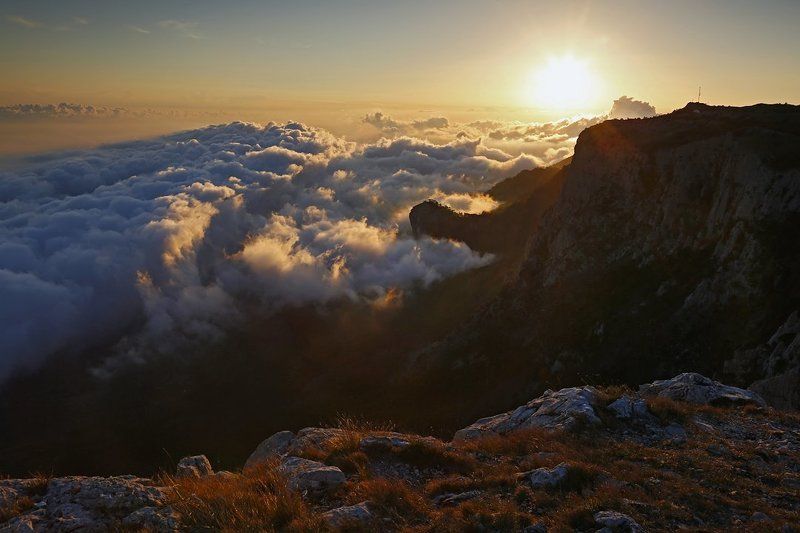 небо, горы, облака, свет, закат, солнце, пейзаж, День уходит. фото превью