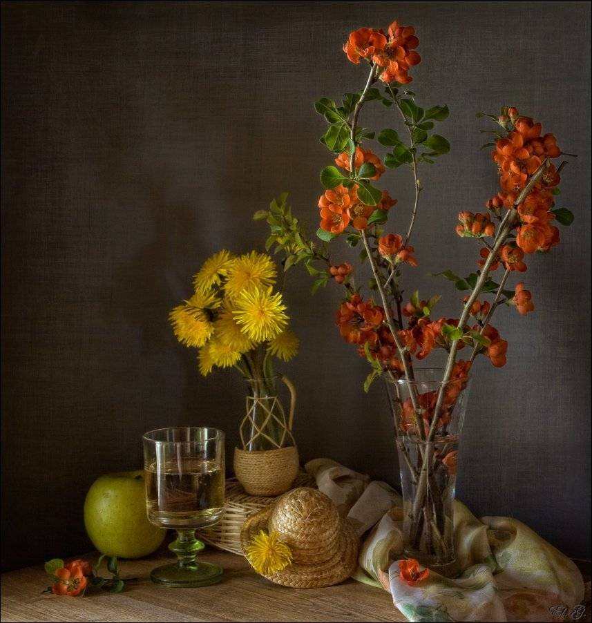 натюрморт, цидония, одуванчики, яблоко, лимонад, шляпка, весна, El. G.