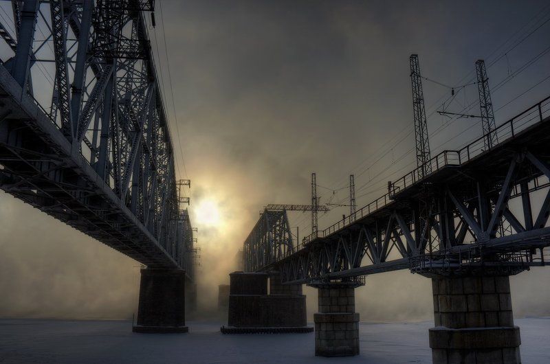 туман, мост, солнце Два моста фото превью