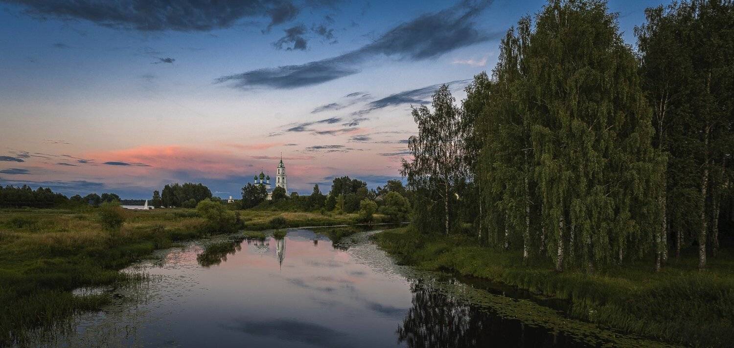 река, отражения, вечер, закат, березы, церковь, закат, Игорь Приданников
