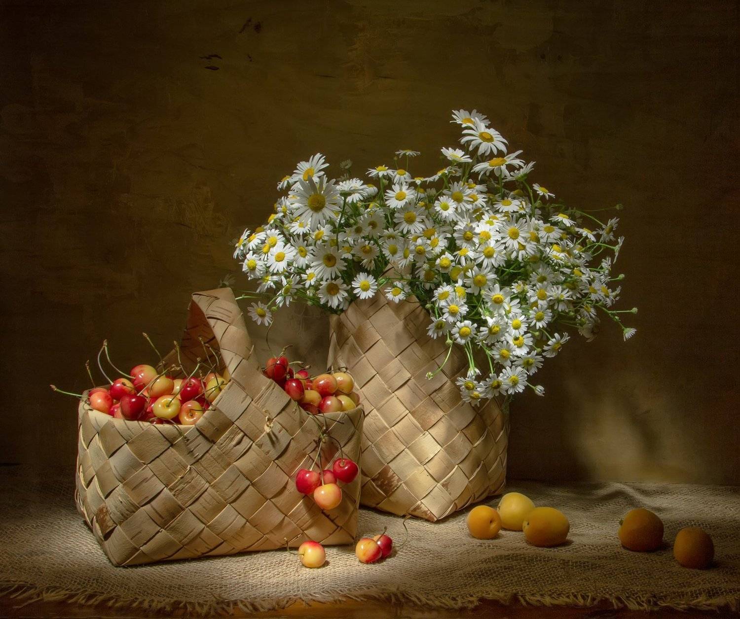 натюрморт, черешня, ромашки, Татьяна Феденкова