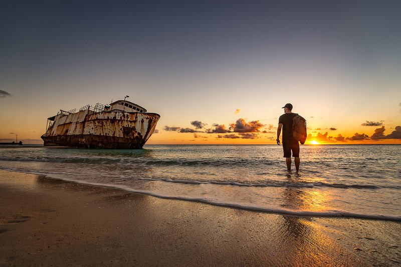 sunken ship , beach , sunset , adventure , old ship , travel , Caribbean  фото превью