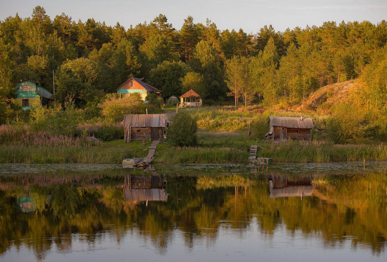 Природа, пейзаж, Карелия, отражение, закат, озеро, вода, деревня, Рустам Афлятунов