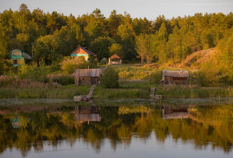 Природа, пейзаж, Карелия, отражение, закат, озеро, вода, деревня Вечер у озера фото превью