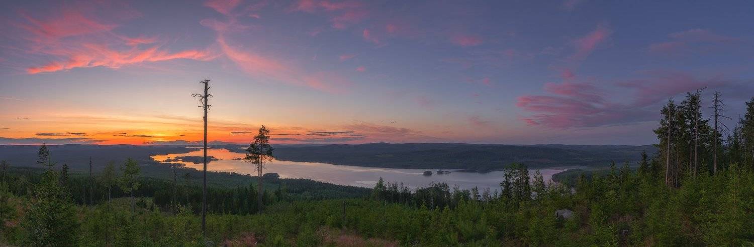 Clouds, Dalecarlia, dead trees, Evening, Evening Mood, Forest, Grejsan, Grejsanberget, Grejsans F&auml;bod, lake, Lake Amungen, Mountain Grejsan, Mountain Pasture, nature, outdoors, Pano, Panorama, Sun, Sunset, Sweden, Tree trunk, trees, Twilight, View, Viewpo, Ludwig Riml