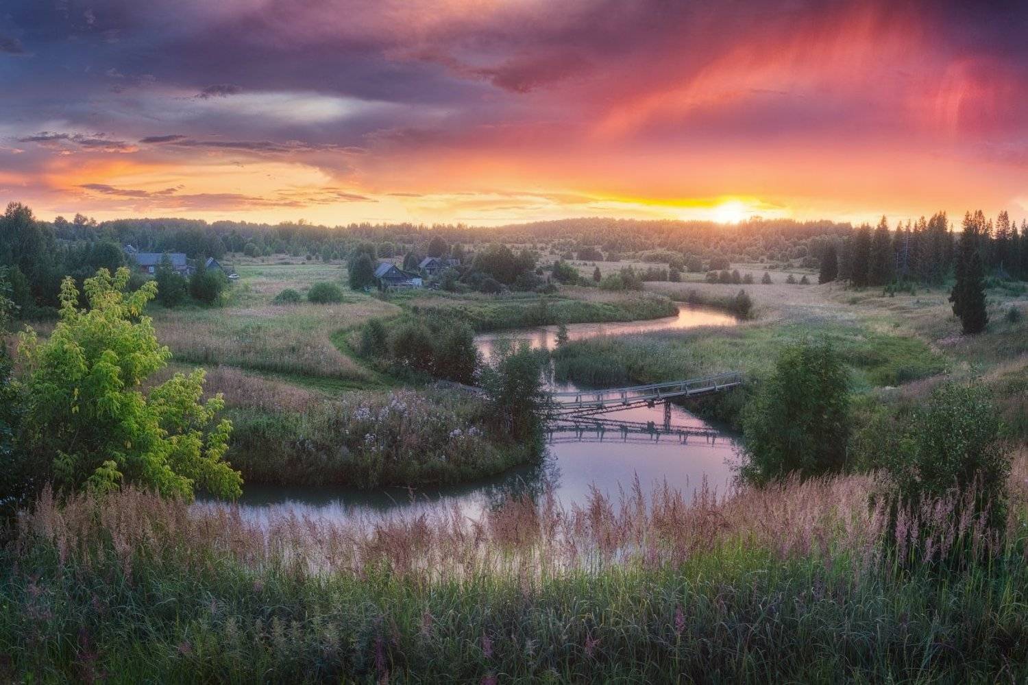 закат, река, мост, дождь, Дмитрий Медянцев
