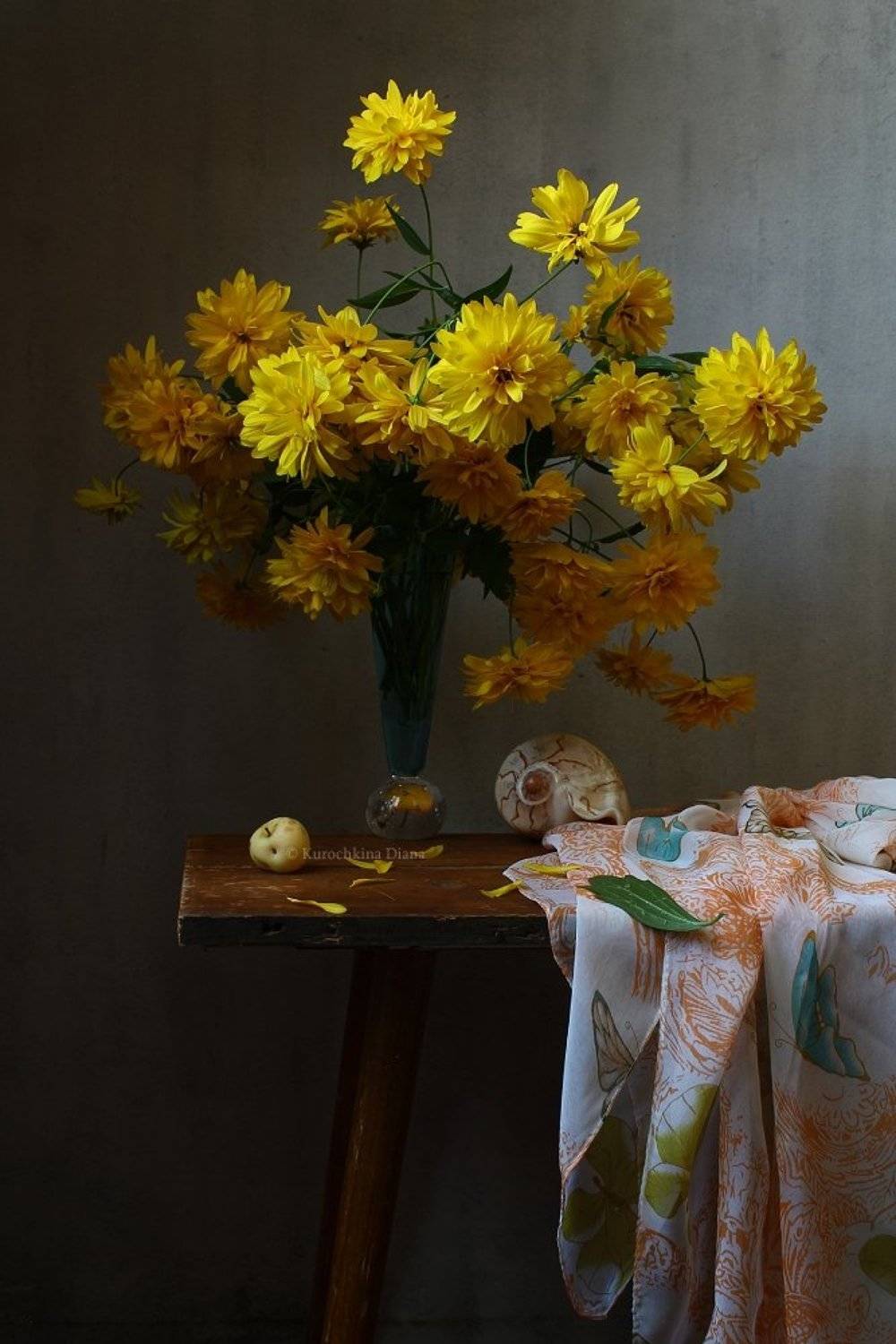 натюрморт, цветы, букет, рудбекия, золотые шары, желтый, август, Курочкина Диана