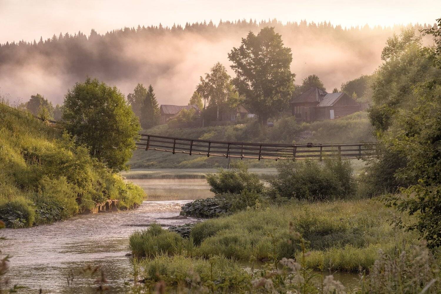 река, кусья, деревня, утро, рассвет, туман, Андрей Чиж