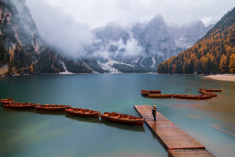 dolomites, lago di braies, autumn, landscape, boats, scenery Lago din Braies фото превью